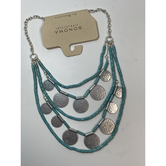 Sonoma Multi Stand Faux Turquoise Silver Disc Necklace New - Picture 2 of 6